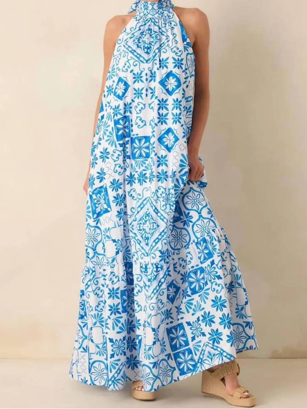 Prosperina Rebecca Blue & White Tile Halter Maxi - XS